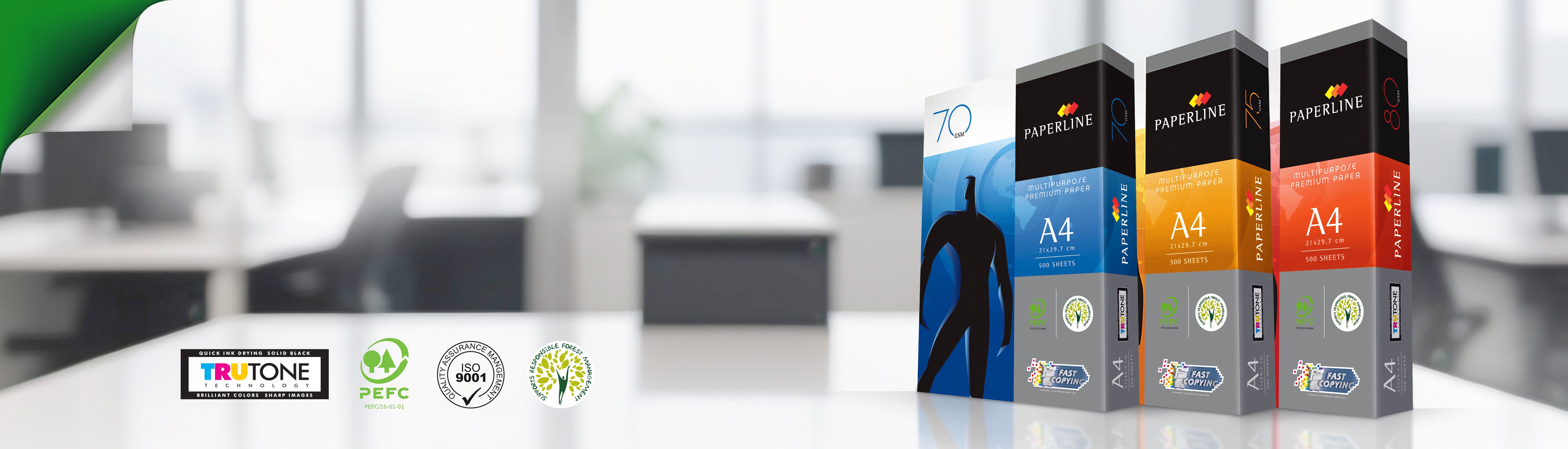 A clean, modern office setting showcasing paperline products.