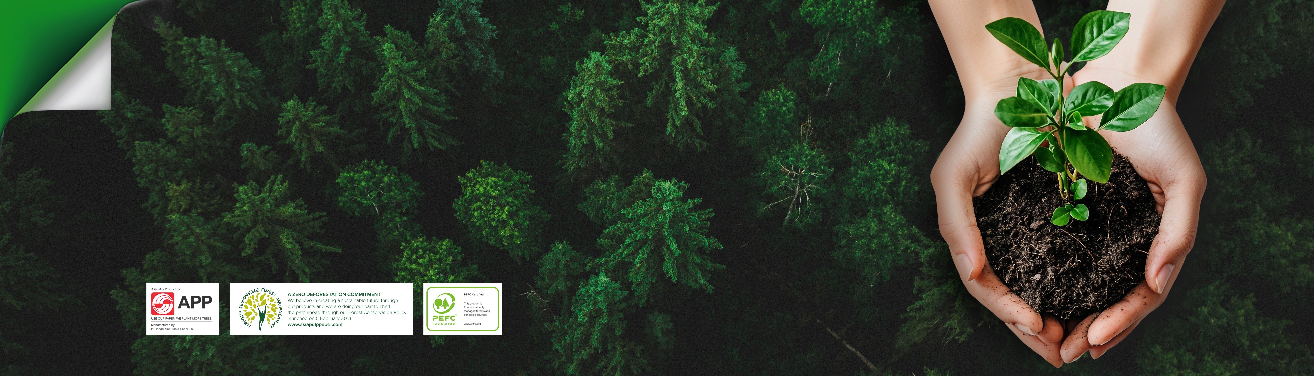 Icons representing sustainability certifications and eco-friendly practices.